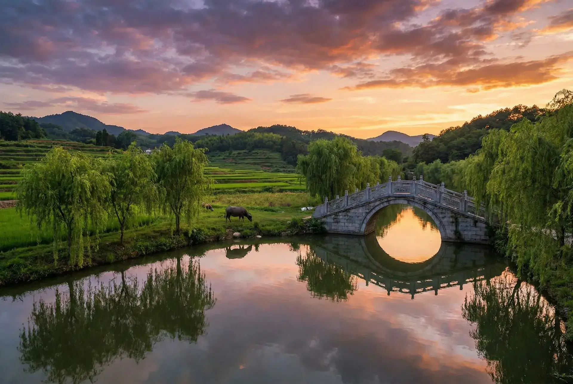 夕阳下的石拱桥与垂柳，水牛在河边吃草 - 漂亮妈妈电影在线观看 乡村美景