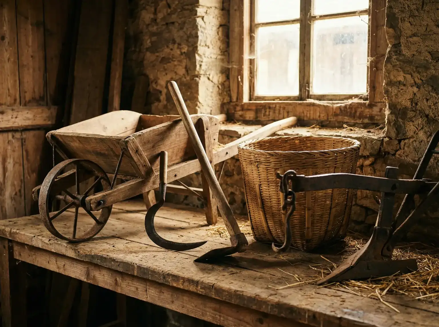传统农具陈列在木质工作台上 - 漂亮妈妈电影在线观看 农具评测